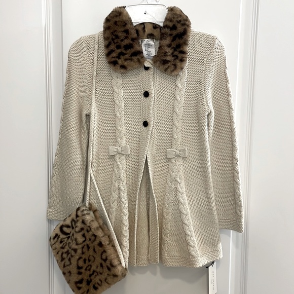 NWT Girls cardigan with fur collar and matching purse - Picture 1 of 5